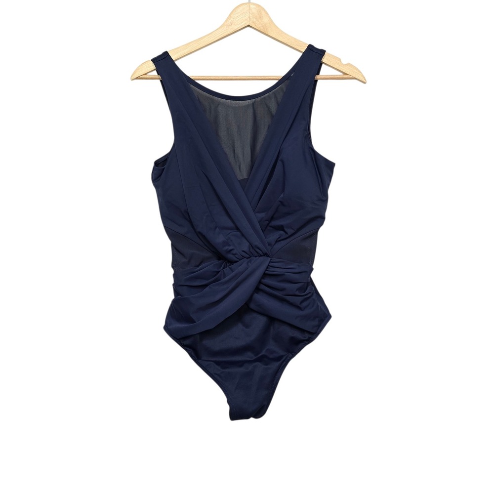 Miraclesuit Paloma Navy Blue Wrap Front Mesh One Piece Swimsuit Sz 14 Large